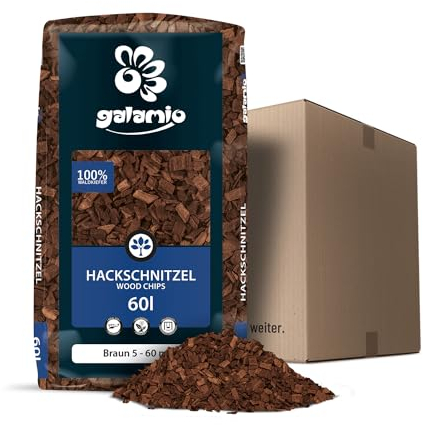 GALAMIO Holzhackschnitzel Braun Hackschnitzel Mulch Natur Wald Kiefer Pinus Sylvestris Garten Dekor Holz Häcksel Grob 5-60mm 60l Sack / 1 Karton Paligo