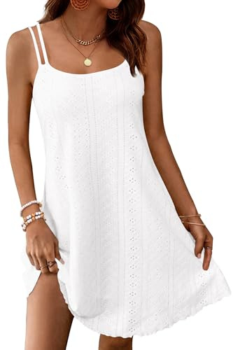 WNEEDU Vestido Mujer Verano Sin Mangas Ligero con Tirantes Finos Corto hasta la Rodilla Cuello Vestidos Redondo Informal Blanco M