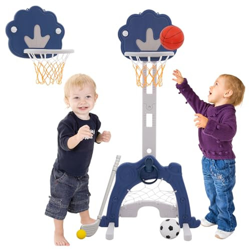 Kinder Basketballkorb Set,4 in 1 höhenverstellbarer Basketballständer & Fußballtor Golfspiel Ringwurf Kinder,Mini Basketballkorb Indoor für Zimmer Spielzeug Jungen Mädchen 3 4 5 6 7 8 Jahre