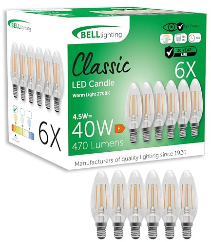 BELL Lighting E14 Dimmable LED Filament Candle Bulbs Warm White 4.5W 6 Pack
