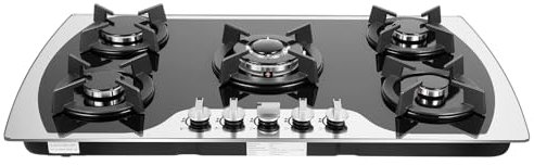 Tagtuell Cocina de gas de 5 fuegos, placa de gas de vidrio templado negro con soportes de hierro fundido, placa de gas empotrada/independiente, protección automática del termopar