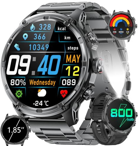 HIRREO Smart Watch for Men, 1.85 Extra Large Smartwatch with Flashlight, 800mAh Long Battery, 100+ Sports Fitness Tracker Watch, Bluetooth Caling/Sleep Monitor Smart Watch for Android iOS