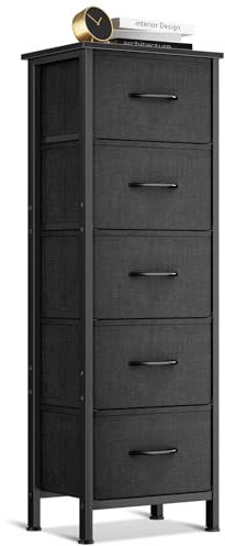 Coleshome Tall Chest of Drawers Bedroom, Small and Narrow Drawers with 5 Fabric Drawers, Suitable for Bedroom and Living Room, Sturdy Steel Frame, Wooden Top, 40 x 30 x 120 cm, Black