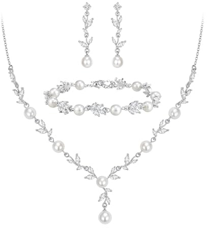 Ever Faith Clear Cubic Zirconia Faux Pearl Bridal Jewellery Set | Marquise Leaf Vine Design, Necklace Dangle Earrings Bracelet, Vine Party Prom, For Bride Bridesmaid Women