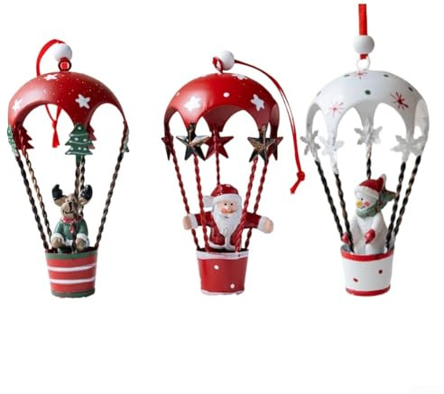 GANCEI Set of 3 Nordic Style Hot Air Balloon Hanging Ornaments, Wrought Iron Christmas Tree Decorations with Santa, Elk and Snowman Figures for Holiday Home Display