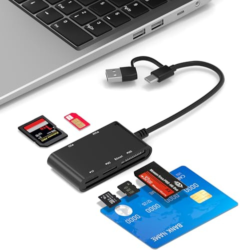 Lecteur de Cartes SIM 7 en 2 pour CAC Militaire, SIM, SD/TF/MS Pro Duo/M2/IC/PIV, Lecteur de Carte à Puce USB C/A pour Win/Mac/Linux/Android, Adaptateur de Carte SIM Compatible Plug and Play