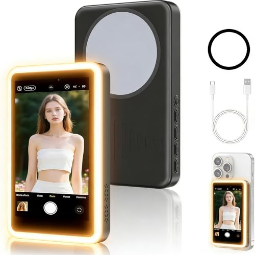 Drepint Teléfono Vlog Selfie Monitor Magnética, Luz de Tres Colores, View Monitor para Teléfono iPhone y Android with Zoom, Selfie Vlog Inalámbrico 20-30M, Batería 3-4H (Negro)