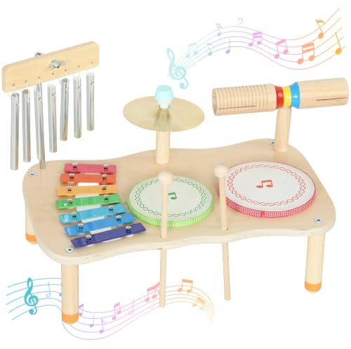 AIYAPLAY Tambor Infantil Madera con Xilófono Instrumentos Musicales Bebés | Juguete Montessori, con Doble Tono, Platillo, Campana de Viento, Regalo de Cumpleaños para Niño de + 2 Años