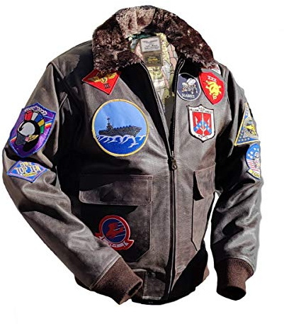 Noble House Top Gun läderjacka för män flygjacka tjurläder brun, Mörkbrun, M