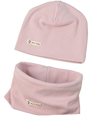 Baby Strickmütze+ Loop Schal Set Baumwollmütze Weich Kinder Mode Beanie Mütze Nackenwärmer Halsbänder Halstuch Herbst Winter (Rosa M)