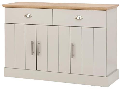 GFW Kendal Sideboard Cabinet Unit With 2 Storage Drawers & 3 Door Storage Cupboard, Contemporary Wooden Sideboards For Living Room, Dining Room & Kitchen, Grey & Oak, 39 x 117 x 77.5 cm