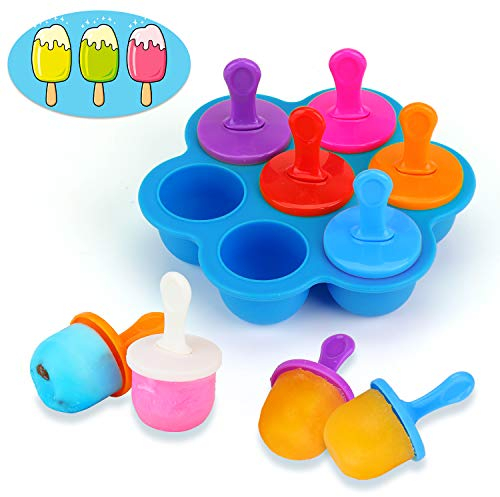 KATELUO Mini Stampo in Silicone per Ghiaccioli con Bastoncini di Plastica Colorati - 7 Scomparti, per Alimenti per Bambini Contenitore, Mousse, torta, Dessert Fai da Te