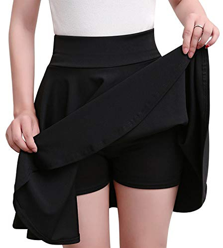 Womens High Waisted A-line Pleated Mini Skater Skirt Solid Color Casual Flared Ruffle Skorts(UK 8/Tag M) Black