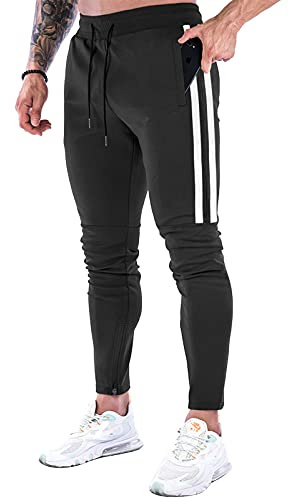 Suwangi Pantaloni Tuta Uomo Palestra Running della Allenamento Slim Fit Design a Righe con Tasche Zip