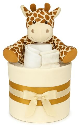 The Big Card Nappy Cake Neutral Unisex Baby Gift - Muslin Square wrap 9 Premium Nappies, Baby Bib Socks and Plush Soft Giraffe