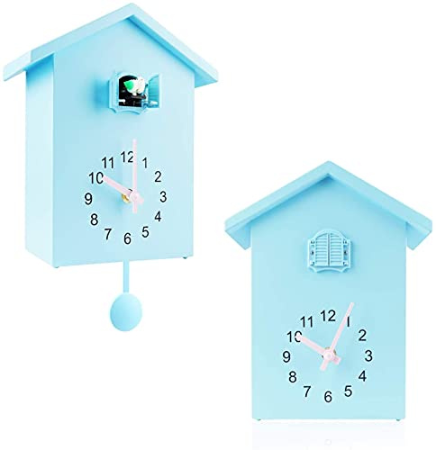 Reloj de cuco, reloj de pared, pájaro natural o sonido de cuco, reloj de diseño, con reloj despertador cronometrado, casa de pájaros, arte de la pared del hogar, decoración de oficina (azul)