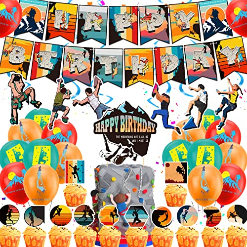 Escalada Party Decoración Escalada Escalada en roca Cumpleaños Suministros Decoración deportiva Incluye Escalada Happy Birthday Banner Globos Cake Topper Cupcake Toppers Espirales