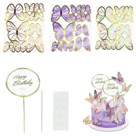 PEALOVCOM 60 Stück Schmetterlinge Kuchen Topper 3D Schmetterlinge Deko Torte Butterfly Cupcake Toppers mit 2 Happy Birthday-Kuchendeko Torte Topper für Geburtstag Hochzeitstorte Babyparty
