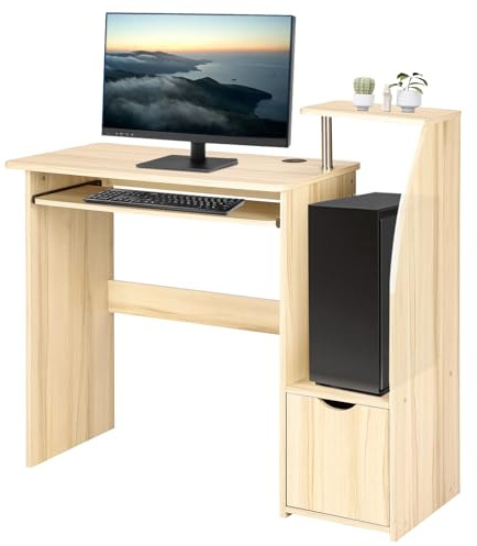Trintion Computer Desk, Study Writing Small Desks with Drawer Sliding Storage Shelf Keyboard Tray, Gaming Desks for Home Bedroom Office Table Workstations, Oak 98x86.6x40cm