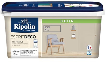 RIPOLIN - Peinture Intérieure Multi-Supports – Murs, Boiseries & Radiateurs – Ultra-Couvrante – Lessivable – Application Facile – Ecolabel - Satin - 2,5L - Beige Wes