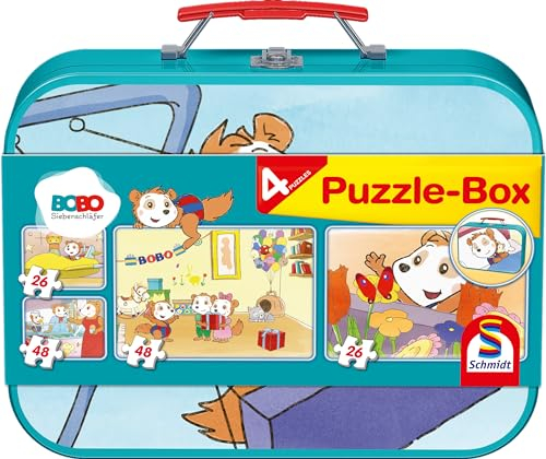 Schmidt Spiele 55892 Bobo Siebenschläfer, Puzzle im Metallkoffer, 2x26 und 2x48 Teile Kinderpuzzle, bunt [Exklusiv bei Amazon]