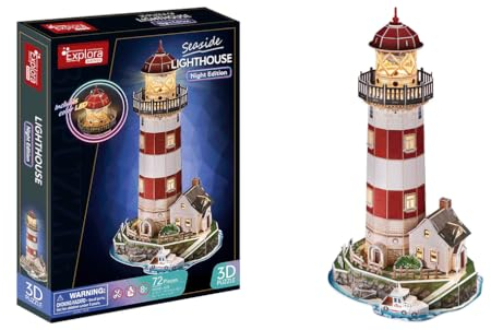 EXPLORA - Leuchtturm - Leuchtende 3D-Puzzles - 540055 - 72 Teile - Level 6 - Ohne Kleber oder Schere - Bildungs - Konstruktionsspiel - Kinder Geschenk - Modell - Ab 8 Jahren