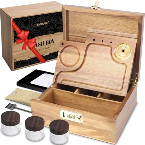 TMKEFFC Large Acacia Wooden Box with Combination Lock, Decorative Wood Box Organizer with Removable Tray, Hygrometer, Freshness Packet, Brush, Jars and Sealed Bags