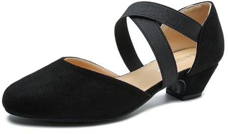 Women's Low Chunky Heel Pumps Elastic Crisscross Strap Pull On Dress Dance Shoes Black Velvet 38 - US 7