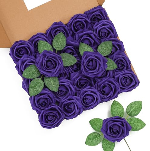 LEUCHTAMOR 25 st konstgjorda rosor blommor lila falska rosor blommor äkta beröring skum blommor rosor gör-det-själv för bröllop brudbuketter bordsuppsatser blomsterarrangemang fest heminredning