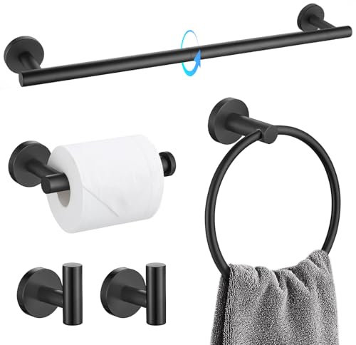 TQKAG Matte Black Bathroom Hardware Set 5 Pieces, SUS304 Stainless Steel Towel Bar Set Round Bathroom Towel Rack Set Wall Mounted