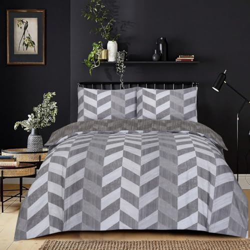 PRIME LINENS Duvet Cover Set 4 Pcs Brushed Microfibre Quilt Cover Bedding Set With Pillow Cases and Extra Fitted Sheet Included (Zigzag Grey, Super King)