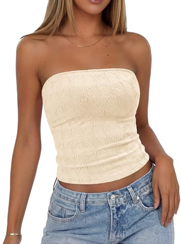 BTFBM Tube Tops for Women Summer Clothes 2026 Backless Strapless Flower Lettuce Trim Slim Fit Going Out Bandeau Top(Apricot, Medium)