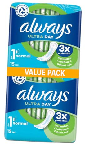 Always Ultra Day Sanitary Pads Size 1 Normal - 30 Pads (2 Packs of 15) Big Pack for Reliable Daytime Protection and Comfort