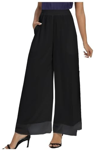 Generisch Pantalones palazzo de gasa para mujer, pierna ancha, cintura alta, pantalones casuales de negocios, Negro , XL