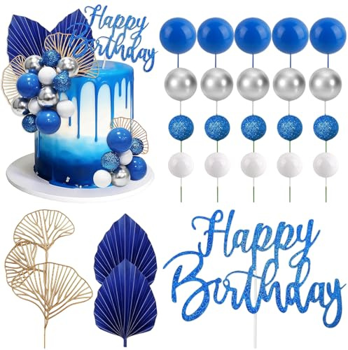 Palline Decorative per Torte Blu e Argento Bianco 24 Pezzi Happy Birthday Decorazioni Torta Foglia di Ginkgo Foglie di Palma per Festa di Compleanno, Matrimonio, Festa a Tema