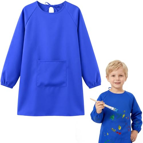 Smlper Bata de pintura escolar de primer grado, delantal para niños a partir de 6 años, bata de pintura para niños de 7 a 12 años, bata de tinta, impermeable, delantal para manualidades con bolsillos