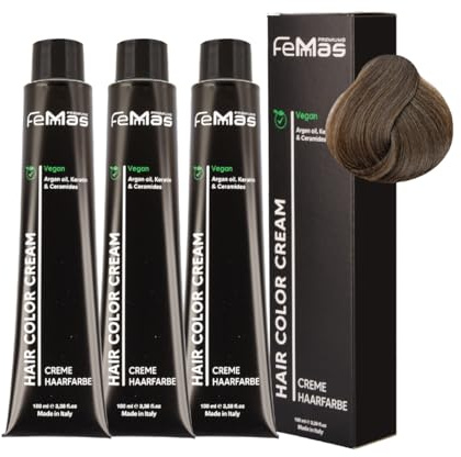 FemMas Haarfarbe 3x Mittelblond Asch 7.1 I Creme Haarfarbe mit Arganöl, Keratin & Ceramiden I Als dauerhafte Haarfärbung oder Tönung für strahlende, haltbare Farbergebnisse I 100 ml