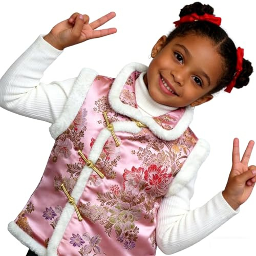 SZCQ Girl Vest Coat Fleece Quilted Chinese New Year Kids Outfits Traditional Tang Tank Tops Pink(XL)