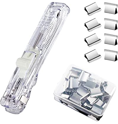 DSBGKJI Mini Push Stapler, Paper Clamp Clip Dispenser with 50 Pcs Stainless Steel Reusable Staples 40 Sheet Capacity, Portable Clip Stapler for Office Desk Accessories Home School Supplies