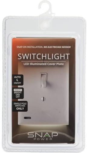 Single - SnapPower SwitchLight - LED Night Light - for Single-Pole Light Switches - Switch Plate with LED Night Lights - Adjust Brightness - Auto On/Off Sensor - (Toggle, White)
