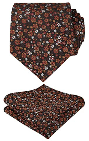 Alizeal Herr blommigt tryckt slips och ficknäsduk klassisk retro business slips med näsduk set, 142-brun+orange+röd, en storlek