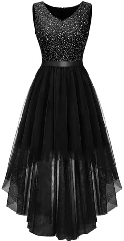 BeryLove Women's Sequin Party Dress Homecoming Formal Cocktail Swing Wedding Dressws High Low Sleeveless V-Neck Prom Gowns S003 Black XL