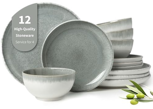 Pokini Gradient Green Stoneware Dinnerware Sets, 12 pcs Reactive Glaze Plates and Bowls Sets, Handmade Ceramic Round Dishes Set for 4, Highly Chip and Crack Resistant Modern Plate Set