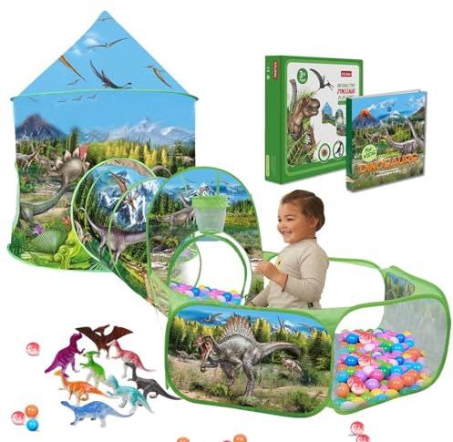 Tente de Jeu Dinosaure, Tente Jungle Enfant avec Sonore Bouton, STLOVe® Cabane pour Chambre D'enfant avec Multicolore Balle/Jouet Dinosaures/Dino Illustré, Escamotable Intérieur Noël Balle Pit Cadeaux