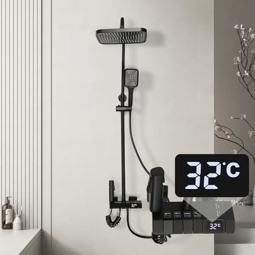 Digital LED-duscharmatur duschsystem svart regndusch duschset blandarkran dusch med regndusch toppspray, högt tryck spraypistol, vattenkran, handspray, 33,46–47,24 tum justerbar