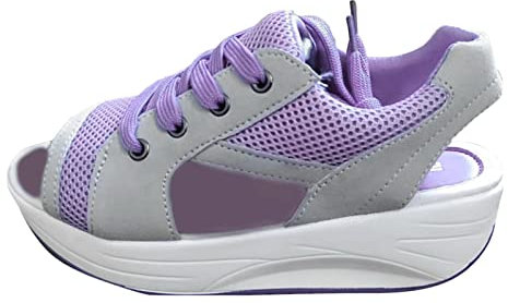 Générique 2024 – Frauen bequeme runde Zehensohle Keilabsatz atmungsaktiv Schuhe aus Netzstoff Wippe Komfort Sport Sandalen Casual Heels geschlossene Zehe Blockabsatz, violett, 40 EU