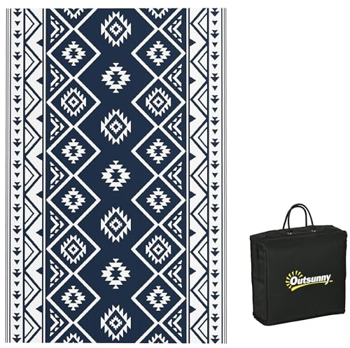 Outsunny Outdoorteppich, Wendeteppich Kunststoffteppich mit Tragetasche, Wasserabweisender Campingteppich für Balkon Terrasse, 182 x 274 cm, Dunkelblau+Weiß