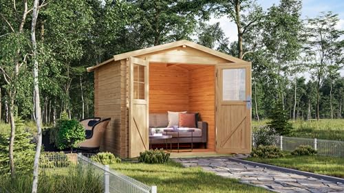 CHILLROI® Karibu Blockbohlenhaus naturbelassen inkl. Fußboden und Dacheindeckung Holzhaus Gartenhütte ver. Modelle (Skandi 2 Maße 230x237x237 in cm)