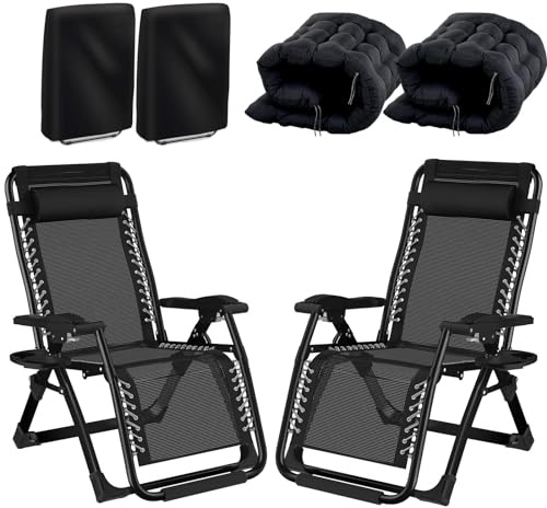 Fiutazge 2Pcs 83cm ExtraBreite Sonnenliege Verstellbare Rückenlehne,Liegestuhl Klappbar mit Kissen,Getränkehalter und Kopfpolster,Gartenliege,Liegestühle für Patio,Balkon,Strand,Camping-Schwarz