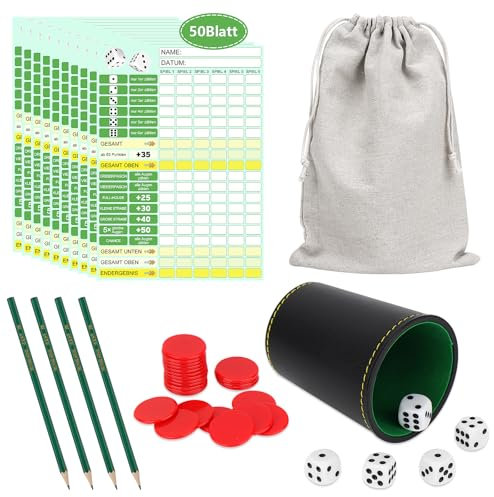 SelfTek Würfel Spiel Set, Leder Würfelbecher mit 5 würfeln, 50 Würfelspiel Block DIN A6, 24 Chips, Würfelspiel Spielblock Gewinnkarten Spielblöcke für Familienspiel